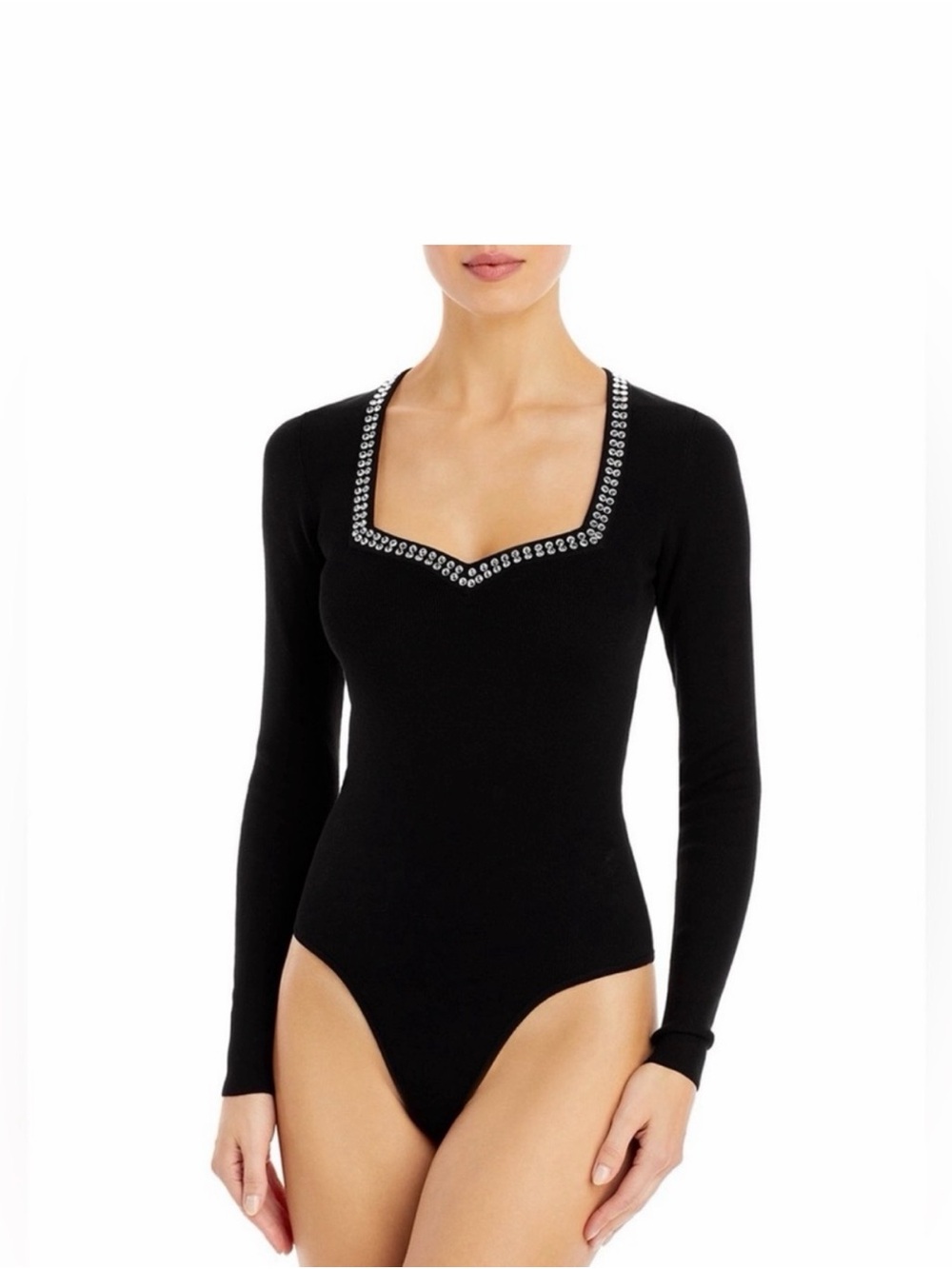 Aqua Bloomingdale’s Black Long-Sleeve Rhinestone-Trim Square-Neck Bodysuit